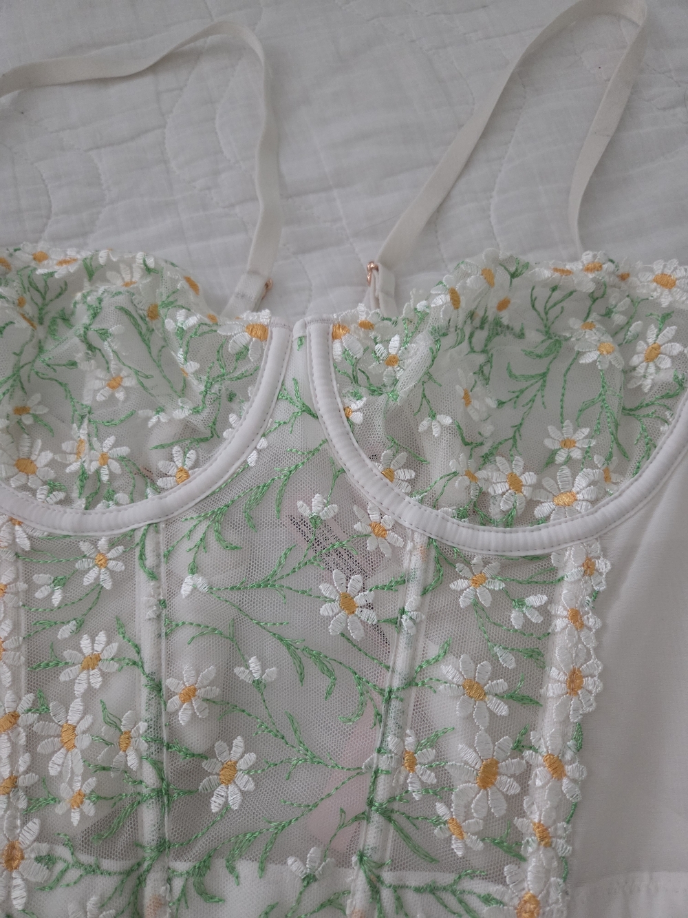 Victorias Secret Bustier And Panties Set White Mesh with Daisy Embroidery 32D